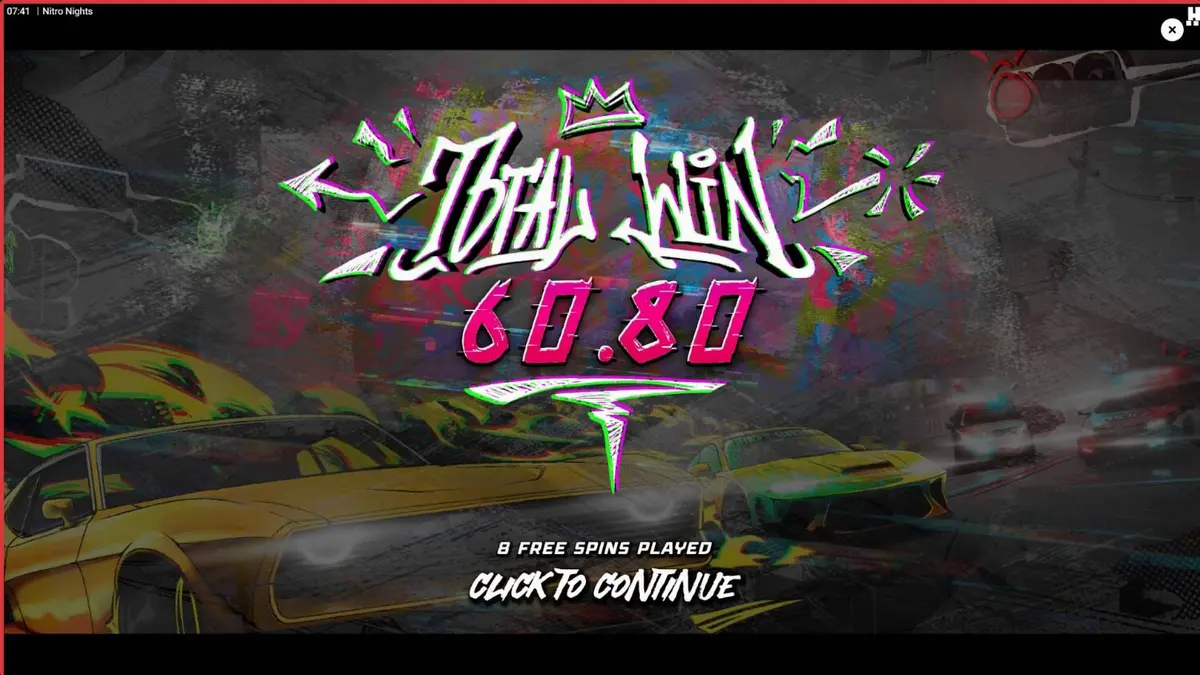 Tampilan layar permainan slot Nitro Nights dengan tema balap neon
